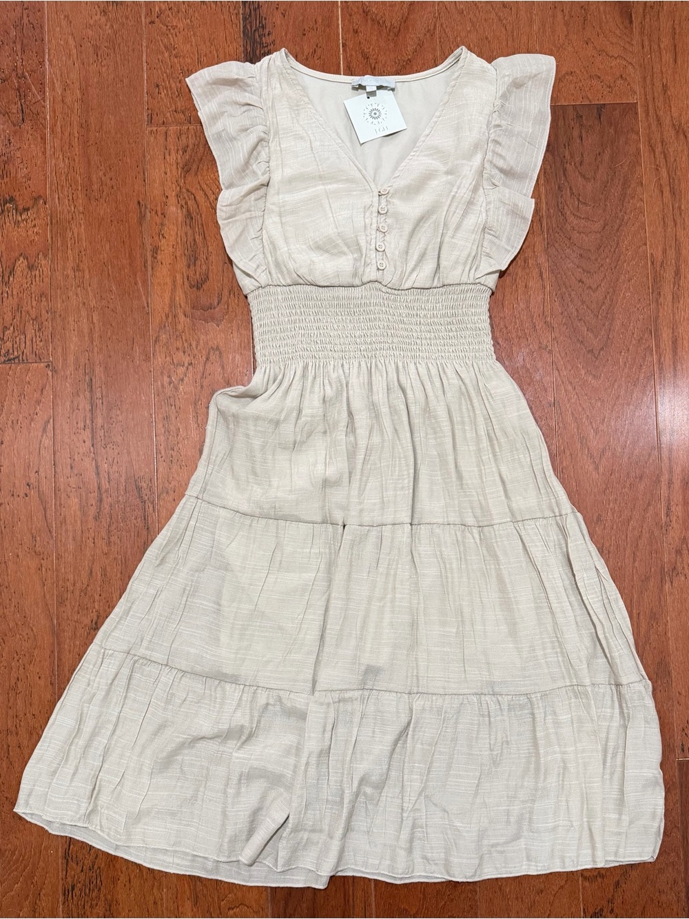 Smocked-Waist Midi Dress in Light Cream